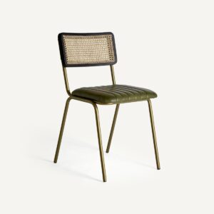 Silla de cuero verde, hierro y ratán