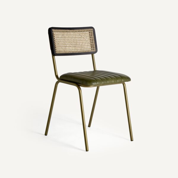 Silla de cuero verde, hierro y ratán