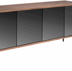Aparador cristal negro efecto espejo, nogal y acero negro