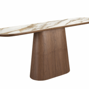 Consola ovalada medio punto mármol porcelánico y nogal
