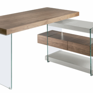 Escritorio madera gris y cristal templado con tapa de nogal