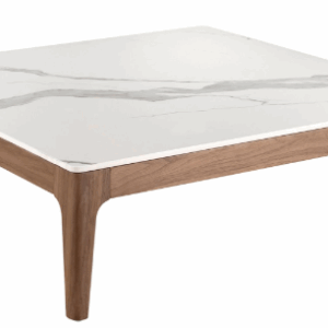 Mesa centro cuadrada mármol porcelánico y nogal
