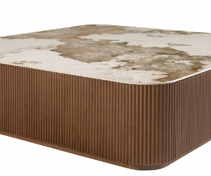 Mesa centro cuadrada mármol porcelánico y nogal con relieve