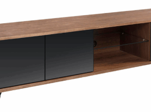 Mueble TV cristal negro efecto espejo, nogal y acero negro