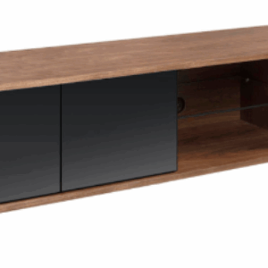 Mueble TV cristal negro efecto espejo, nogal y acero negro